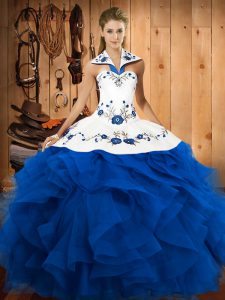 Flirting Blue Ball Gowns Halter Top Sleeveless Tulle Floor Length Lace Up Embroidery and Ruffles 15 Quinceanera Dress