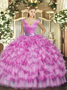 Lilac Sleeveless Organza Zipper Quinceanera Gown for Military Ball and Sweet 16 and Quinceanera