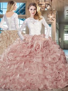 Scoop Long Sleeves Vestidos de Quinceanera Brush Train Lace and Ruffles Pink And White Lace and Fading Color