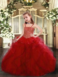 Discount Sleeveless Tulle Floor Length Lace Up Little Girls Pageant Dress in Red with Beading and Ruffles