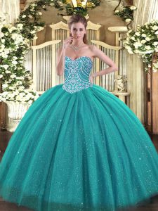 Exquisite Turquoise Lace Up Sweetheart Beading Sweet 16 Dresses Tulle Sleeveless