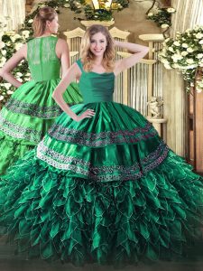 High End Dark Green Organza Zipper Straps Sleeveless Floor Length 15 Quinceanera Dress Beading and Lace and Ruffles