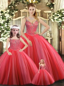 Coral Red Sleeveless Beading Floor Length Sweet 16 Quinceanera Dress