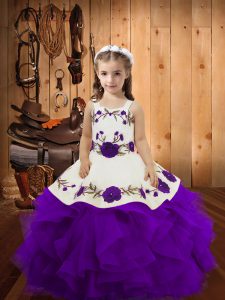 Purple Kids Formal Wear Sweet 16 and Quinceanera with Embroidery and Ruffles Straps Sleeveless Lace Up