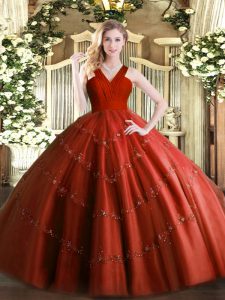 Low Price Rust Red V-neck Neckline Beading Quinceanera Gowns Sleeveless Zipper