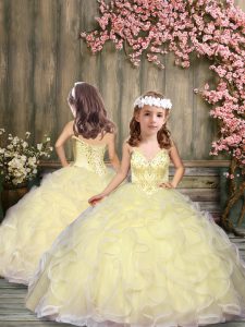 Inexpensive Light Yellow Ball Gowns Beading and Ruffles Little Girls Pageant Gowns Lace Up Tulle Sleeveless Floor Length