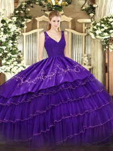 Artistic Purple Sleeveless Organza and Taffeta Backless Quinceanera Gown for Military Ball and Sweet 16 and Quinceanera