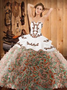 Satin and Fabric With Rolling Flowers Strapless Sleeveless Sweep Train Lace Up Embroidery Quinceanera Dress in Multi-color