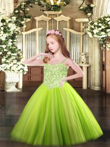 Yellow Green Ball Gowns Spaghetti Straps Sleeveless Tulle Floor Length Lace Up Appliques Little Girl Pageant Dress