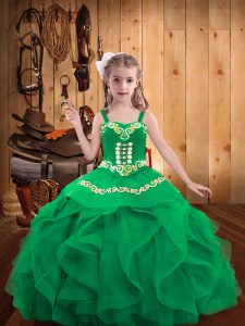 High Class Floor Length Lace Up Child Pageant Dress Turquoise for Party and Sweet 16 and Quinceanera and Wedding Party with Embroidery and Ruffles
