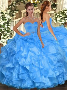 Baby Blue Lace Up Quinceanera Gown Beading and Ruffles Sleeveless Floor Length