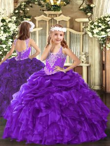 V-neck Sleeveless Organza Little Girl Pageant Dress Beading and Ruffles and Pick Ups Lace Up