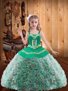 Multi-color Ball Gowns Straps Sleeveless Fabric With Rolling Flowers Floor Length Lace Up Embroidery and Ruffles Kids Pageant Dress