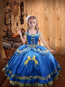 Elegant Floor Length Lace Up Little Girl Pageant Gowns Blue for Sweet 16 and Quinceanera with Beading and Embroidery