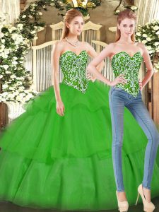 Most Popular Green Tulle Lace Up Vestidos de Quinceanera Sleeveless Floor Length Beading and Ruffled Layers