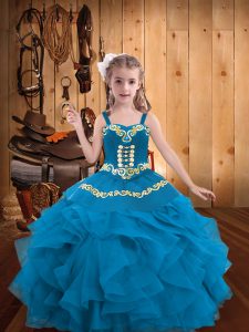 Straps Sleeveless Lace Up Kids Formal Wear Blue Organza