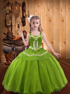 Sleeveless Organza Floor Length Lace Up Little Girl Pageant Dress in Green with Embroidery