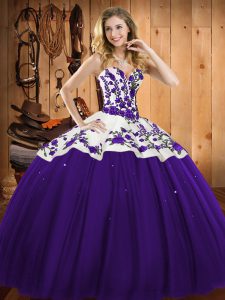 Romantic Purple Ball Gowns Satin and Tulle Sweetheart Sleeveless Embroidery Floor Length Lace Up Vestidos de Quinceanera