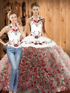 Fabulous Halter Top Sleeveless Sweep Train Lace Up Quinceanera Dress Multi-color Fabric With Rolling Flowers