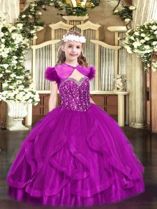 Fuchsia Tulle Lace Up Little Girls Pageant Dress Sleeveless Floor Length Beading and Ruffles