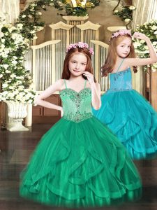 Stunning Turquoise Sleeveless Floor Length Beading and Ruffles Lace Up Pageant Dress for Teens