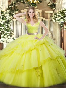 Yellow Green V-neck Zipper Ruffled Layers 15 Quinceanera Dress Sleeveless