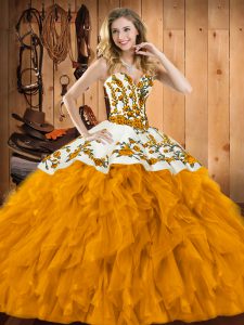 Fantastic Ball Gowns Ball Gown Prom Dress Gold Sweetheart Satin and Organza Sleeveless Floor Length Lace Up