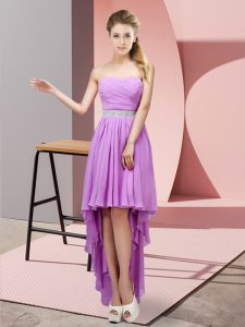 Sleeveless Chiffon High Low Lace Up Vestidos de Damas in Lavender with Beading