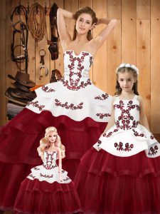 Dynamic Wine Red Lace Up 15 Quinceanera Dress Embroidery Sleeveless Sweep Train