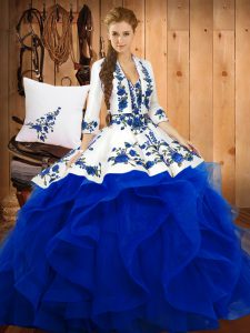 Satin and Organza Sweetheart Sleeveless Lace Up Embroidery Vestidos de Quinceanera in Blue