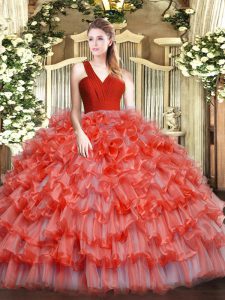Luxury Floor Length Coral Red Sweet 16 Dresses Organza Sleeveless Ruffled Layers