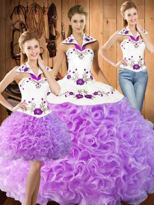 Lilac Halter Top Neckline Embroidery Sweet 16 Dress Sleeveless Lace Up