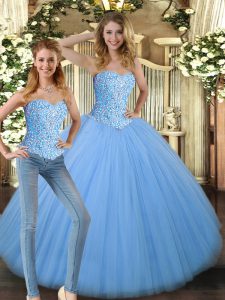 Baby Blue Ball Gowns Tulle Sweetheart Sleeveless Beading Floor Length Lace Up Sweet 16 Quinceanera Dress