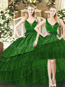 Hot Sale Dark Green Sleeveless Tulle Lace Up Quinceanera Gown for Military Ball and Sweet 16 and Quinceanera