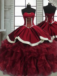 Popular Sleeveless Floor Length Beading and Ruffles Lace Up Ball Gown Prom Dress with Red