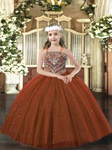 Custom Designed Rust Red Straps Neckline Beading Pageant Dress for Womens Sleeveless Lace Up
