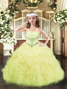 Super Floor Length Yellow Child Pageant Dress Organza Sleeveless Beading and Ruffles and Pick Ups