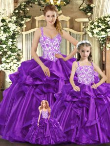 Simple Sleeveless Floor Length Beading and Ruffles Lace Up Sweet 16 Dress with Purple