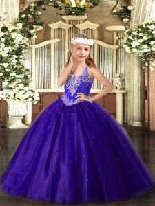 V-neck Sleeveless Pageant Dress for Girls Floor Length Beading Purple Tulle