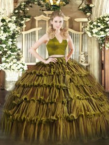 Smart Halter Top Sleeveless Vestidos de Quinceanera Floor Length Ruffled Layers Olive Green Organza