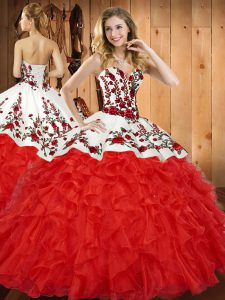 Sweetheart Sleeveless Quinceanera Gown Floor Length Embroidery and Ruffles Wine Red Satin and Organza