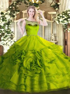 Sleeveless Organza Floor Length Zipper Quinceanera Dress in Olive Green with Beading and Ruffles