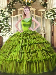 Colorful Floor Length Side Zipper Sweet 16 Dresses Olive Green for Sweet 16 and Quinceanera with Beading and Ruffled Layers