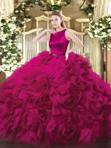 Traditional Fuchsia Ball Gowns Fabric With Rolling Flowers Scoop Sleeveless Belt Floor Length Clasp Handle Sweet 16 Dresses