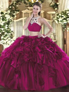 Best Floor Length Backless Sweet 16 Dresses Fuchsia for Military Ball and Sweet 16 and Quinceanera with Beading and Ruffles