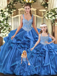 Traditional Blue Tulle Lace Up Straps Sleeveless Floor Length Sweet 16 Dress Beading and Ruffles