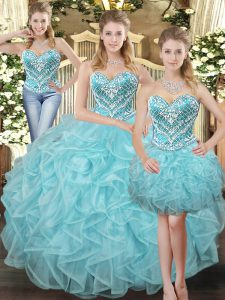 Elegant Floor Length Lace Up Quinceanera Dress Aqua Blue for Military Ball and Sweet 16 and Quinceanera with Beading and Ruffles