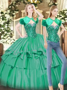 Tulle Sweetheart Sleeveless Lace Up Beading and Ruffled Layers Sweet 16 Dresses in Turquoise