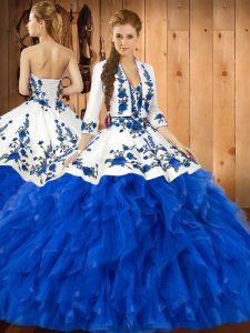 Noble Satin and Organza Sweetheart Sleeveless Lace Up Embroidery and Ruffles Quince Ball Gowns in Blue