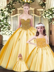 Stylish Sleeveless Floor Length Beading Lace Up 15th Birthday Dress with Gold